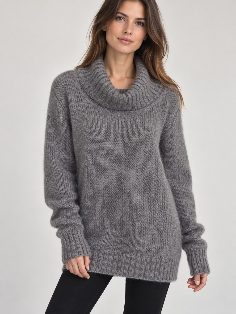 H&M MOHAIR WOOL BLEND GREY COWL NECK LONGLINE TUNIC SWEATER S
